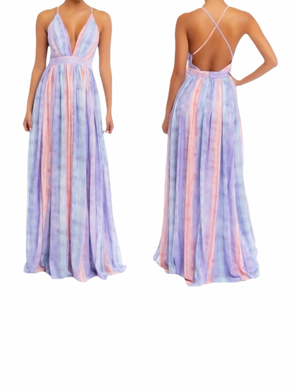 Ever After Pastel Watercolor Deep V-Neck Sheer Tulle Maxi Dress Sz S